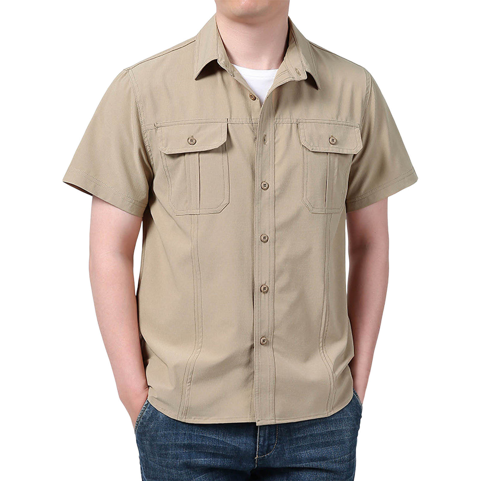 thumbnail image 1 of Camisa de manga corta para hombre - Informal, holgada, lisa - Ropa de trabajo de secado rápido - Verano - Bolsillos utilitarios - Poliéster, 1 of 5
